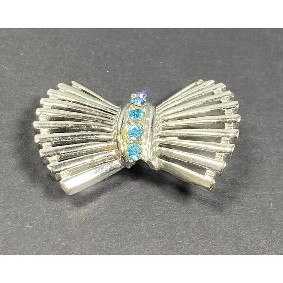 Vintage Mid-Century Wheat Sheaf Silver Tone Blue Rhinestone Brooch Pin - Picture 8 of 13